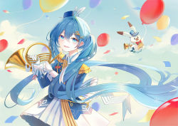 Rule 34 | 1girl, absurdres, animal, balloon, band uniform, blue eyes, blue hair, blue headwear, blue jacket, blue sky, blush, bow, bowtie, rabbit, cloud, cloudy sky, commentary, confetti, day, epaulettes, floating hair, french horn, gloves, hair ornament, half-closed eyes, hat, hat feather, hatsune miku, highres, holding, holding balloon, holding instrument, horn (instrument), huge filesize, instrument, iren lovel, jacket, light blush, long hair, looking at viewer, open mouth, outdoors, pleated skirt, rabbit yukine, rainbow, skirt, sky, smile, twintails, upper body, very long hair, vocaloid, white bow, white gloves, white skirt, yuki miku, yuki miku (2020)