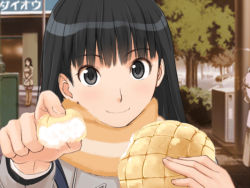 Rule 34 | 1girl, amagami, ayatsuji tsukasa, black hair, bread, feeding, food, game cg, incoming food, melon bread, pov, pov feeding, solo, takayama kisai
