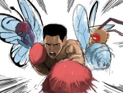 Rule 34 | 1boy, artist request, beedrill, black hair, boxing gloves, butterfree, creatures (company), game freak, gen 1 pokemon, muhammad ali, nintendo, open mouth, pokemon, pokemon (creature), real life, short hair, source request, sweat, tongue