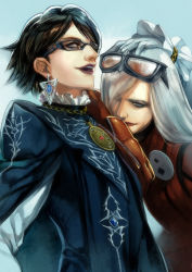 Rule 34 | 2girls, alternate hair length, alternate hairstyle, bayonetta, bayonetta, bayonetta (series), bayonetta 2, black hair, blue background, earrings, eyewear on head, gem, glasses, gloves, hair over one eye, hand on another&#039;s head, hpa (foolish factory), jeanne (bayonetta), jewelry, leaning on person, lips, long hair, looking at viewer, multiple girls, necklace, open mouth, short hair, smile, white hair, zipper