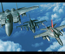 Rule 34 | aircraft, airplane, blue sky, f-15, f-15 eagle, f-18, fighter jet, flying, jet, military, military vehicle, mitsubishi f-2, original, realistic, sky, vehicle, vehicle focus, zephyr164