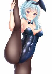 Rule 34 | 1girl, absurdres, arm up, armpits, ass, bare arms, bare shoulders, black leotard, blue hair, bow, bowtie, breasts, brown pantyhose, cleavage, closed mouth, cowboy shot, detached collar, eula (genshin impact), genshin impact, hand up, highleg, highleg leotard, highres, leg lift, leg up, leotard, long hair, looking at viewer, maru.selinn, medium breasts, no bra, pantyhose, playboy bunny, purple eyes, shiny clothes, simple background, solo, split, standing, standing on one leg, standing split, strapless, strapless leotard, white background, wrist cuffs
