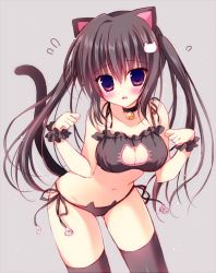 Rule 34 | 1girl, animal ears, bare shoulders, bell, blush, bra, breasts, brown hair, cat cutout, cat ear panties, cat ears, cat keyhole bra, cat lingerie, cat tail, choker, cleavage, cleavage cutout, clothing cutout, collar, collarbone, costume, frilled bra, frills, grey background, hair ornament, hasune (hasuneya), hip focus, leaning forward, lingerie, long hair, looking at viewer, medium breasts, meme attire, neck bell, original, panties, purple eyes, side-tie panties, solo, sweatdrop, tail, thighhighs, twintails, underwear, underwear only, wrist cuffs