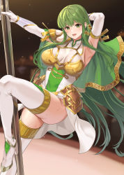 Rule 34 | 1girl, armpits, breasts, commission, elbow gloves, fire emblem, fire emblem echoes: shadows of valentia, fire emblem heroes, fuooooo, gloves, green eyes, green hair, highres, large breasts, legs, long hair, looking at viewer, nintendo, open mouth, palla (fire emblem), pole, pole dancing, skeb commission, solo, stripper pole, sweat, thighhighs, very long hair, white thighhighs