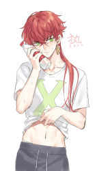 Rule 34 | 1boy, blush, closed mouth, clothes lift, cowboy shot, crossed bangs, green eyes, grey shirt, holding, hot, kangetsu (fhalei), lifted by self, male focus, midriff, navel, original, red hair, shirt, shirt lift, short sleeves, simple background, solo, standing, sweatdrop, white background, white shirt