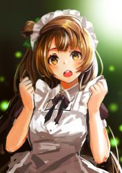 Rule 34 | 1girl, apron, black neckwear, blush, bow, brown eyes, brown hair, clenched hands, frills, green bow, hair bow, hands up, long hair, love live!, love live! school idol project, maid, maid apron, maid headdress, minami kotori, neck ribbon, open mouth, puffy short sleeves, puffy sleeves, ribbon, short sleeves, sparkle background, teeth, upper body, upper teeth only, white apron, zishengtian123