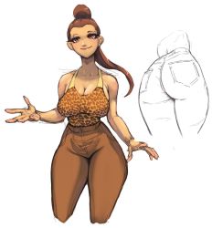 Rule 34 | 1girl, aeyga, ass, breasts, brown eyes, brown hair, brown pants, cheetah print, commentary, cropped legs, english commentary, federica (sonic world adventure), large breasts, multiple views, open hands, pants, ponytail, sketch, smile, sonic (series), sonic unleashed, tank top, thick thighs, thighs, white background
