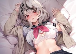 Rule 34 | 1girl, arms up, black hair, black sailor collar, black skirt, blush, bra, braid, breasts, cardigan, clothes pull, commentary request, grey hair, hair ornament, hololive, lace, lace-trimmed bra, lace trim, large breasts, lingerie, lying, medium hair, midriff, multicolored hair, navel, neckerchief, on back, on bed, open cardigan, open clothes, pillow, pinki o64, pleated skirt, red eyes, red neckerchief, sailor collar, sakamata chloe, school uniform, serafuku, shirt, shirt pull, short sleeves, single braid, skirt, solo, streaked hair, two-tone hair, underwear, virtual youtuber, white bra, white shirt, x hair ornament