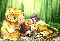 Rule 34 | 10s, 2010, 2girls, animal, bad id, bad pixiv id, bamboo, bamboo forest, black hair, blonde hair, blue eyes, blush, child, curly hair, dress, forest, hanabana tsubomi, long hair, multiple girls, nature, new year, one eye closed, original, sleeping, tiger, wince
