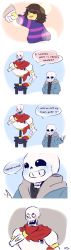 Rule 34 | 2boys, 5koma, :d, absurdres, androgynous, armor, artist name, belt, black sclera, blue jacket, blush, blush stickers, bone, brown hair, chaotichero, chaoticshero, closed eyes, colored sclera, comic, crazy eyes, english text, frisk (undertale), gloves, hand on own hip, highres, holding hands, hood, hoodie, jacket, long sleeves, mittens, multiple boys, open clothes, open jacket, open mouth, papyrus (undertale), pun, red gloves, red scarf, sans (undertale), scarf, skeleton, skull, smile, striped clothes, striped sweater, sweater, undertale