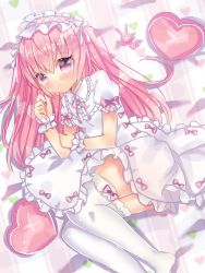 Rule 34 | 1girl, blush, bow, commentary request, dress, feet out of frame, frilled shirt collar, frills, hair between eyes, heart, heart-shaped pillow, highres, kohaku muro, lolita fashion, long hair, looking at viewer, neck ribbon, no shoes, original, parted lips, pillow, pink bow, pink eyes, pink hair, pink ribbon, puffy short sleeves, puffy sleeves, ribbon, short sleeves, solo, stuffed animal, stuffed rabbit, stuffed toy, thighhighs, very long hair, white dress, white thighhighs, wrist cuffs