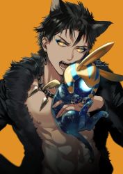 Rule 34 | 1boy, abs, animal collar, animal costume, animal ears, black collar, black hair, black jacket, collar, earrings, eyeliner, eyeshadow, fangs, fangs out, fate/grand order, fate/prototype, fate/prototype: fragments of blue and silver, fate (series), fur-trimmed jacket, fur trim, halloween, halloween costume, highres, jacket, jewelry, looking at viewer, makeup, male focus, nipples, open clothes, open jacket, open mouth, orange background, ozymandias (fate), sakura hitsuji, short hair, solo, teeth, toned, toned male, twitter username, wolf boy, wolf costume, wolf ears, yellow eyes