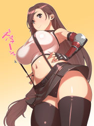 Rule 34 | 1girl, bare shoulders, black skirt, breasts, brown eyes, brown hair, elbow gloves, elbow pads, final fantasy, final fantasy vii, final fantasy vii remake, fingerless gloves, from below, gloves, hand on own hip, highres, large breasts, long hair, low-tied long hair, midriff, miniskirt, navel, pencil skirt, shiny skin, shirt, skirt, smile, solo, suspender skirt, suspenders, tank top, taut clothes, taut shirt, thick thighs, thighhighs, thighs, tifa lockhart, tomoyuki kotani, translation request, yellow background