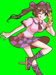 Rule 34 | 1girl, ascot, bad id, bad pixiv id, brown hair, cellphone, collarbone, female focus, green background, hat, himekaidou hatate, long hair, mono (moiky), one eye closed, phone, pointy ears, pouch, puffy sleeves, short sleeves, solo, tokin hat, tongue, touhou, twintails, wink