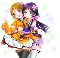 Rule 34 | 2girls, :d, angelic angel, arm around waist, arms around waist, bare shoulders, blue eyes, blush, bow, breasts, closed mouth, detached sleeves, female focus, floral print, flower, hair bow, hair flower, hair ornament, hakumai konatsu, highres, hug, japanese clothes, kimono, koizumi hanayo, long hair, love live!, love live! school idol project, low twintails, medium breasts, multiple girls, obi, open mouth, sash, short hair, smile, thighhighs, tojo nozomi, twintails, zettai ryouiki