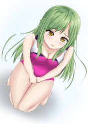 Rule 34 | 1girl, between legs, blush, braid, breasts, cleavage, collarbone, dutch angle, feet, female focus, from above, full body, green hair, hand between legs, have to pee, kneeling, knees together feet apart, long hair, medium breasts, menonune, one-piece swimsuit, open mouth, original, own hands together, pink one-piece swimsuit, simple background, solo, swimsuit, tears, v arms, white background, yellow eyes