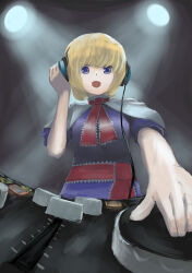 Rule 34 | 1girl, absurdres, alice margatroid, amplifier, blonde hair, blue eyes, buttons, dj, headphones, highres, looking at object, medium hair, mixing console, open mouth, phonograph, record, shinkopeishon, smile, solo, spotlight, touhou, turntable