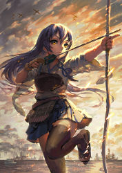 Rule 34 | 1girl, aircraft, airplane, archery, arrow (projectile), blue hair, bow (weapon), brown eyes, cosplay, drawing bow, gloves, gou (ga673899), haoni, holding, holding bow (weapon), holding weapon, japanese clothes, kaga (kancolle), kaga (kancolle) (cosplay), kantai collection, kyuudou, long hair, love live!, love live! school idol project, md5 mismatch, muneate, partially fingerless gloves, partly fingerless gloves, resolution mismatch, skirt, solo, sonoda umi, source smaller, tasuki, thighhighs, trait connection, weapon, yugake