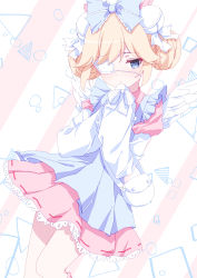Rule 34 | 1girl, :o, apron, bad id, bad pixiv id, bag, bell, blonde hair, blue apron, blue bow, blue eyes, blush, bow, commentary request, commission, cutesu (cutesuu), diagonal stripes, double bun, dress, eyepatch, feathered wings, feet out of frame, frilled apron, frilled bow, frills, hair bell, hair bow, hair bun, hair ornament, highres, jingle bell, kneehighs, layered sleeves, long sleeves, medical eyepatch, original, oueo, parted lips, pink dress, pink socks, pixiv commission, pleated dress, puffy short sleeves, puffy sleeves, ribbon-trimmed dress, short over long sleeves, short sleeves, shoulder bag, sleeves past fingers, sleeves past wrists, socks, solo, standing, standing on one leg, striped, striped background, white wings, wings