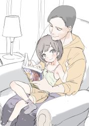 Rule 34 | 1boy, 1girl, age difference, bad id, bad twitter id, black hair, book, brown hair, closed eyes, comic lo, couch, dorontabi, highres, magazine (object), original, pornography, short hair, shorts, sitting, sitting on person, socks, twitter