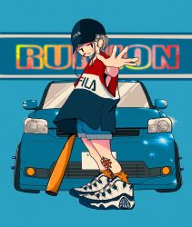 Rule 34 | 1girl, bandaid, bandaid on cheek, bandaid on face, bandaid on knee, bandaid on leg, baseball bat, baseball cap, black eyes, black hat, blue background, blue car, blue shirt, blue shorts, blunt bangs, car, clenched teeth, clothes writing, denim, denim shorts, earrings, fila, from side, full body, grey hair, hair ornament, hat, highres, holding, holding baseball bat, jewelry, looking at viewer, looking to the side, motor vehicle, multicolored shirt, nao97122, original, outstretched arm, parted lips, print shirt, reaching, reaching towards viewer, red shirt, shirt, shoes, short hair, short sleeves, shorts, skull hair ornament, sneakers, socks, solo, standing, teeth, white footwear, yellow socks