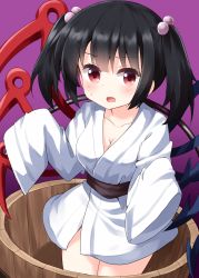 Rule 34 | 1girl, alternate hairstyle, asymmetrical wings, black hair, blush, breasts, bucket, cleavage, collarbone, cosplay, hair bobbles, hair ornament, highres, houjuu nue, in bucket, in container, kisume, kisume (cosplay), looking at viewer, medium breasts, open mouth, purple background, red eyes, ruu (tksymkw), simple background, sleeves past fingers, sleeves past wrists, solo, sweat, touhou, two side up, wings, wooden bucket