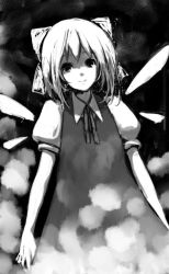 Rule 34 | 1girl, bad id, bad pixiv id, cirno, dress, embodiment of scarlet devil, female focus, gradient background, greyscale, lefthand, monochrome, ribbon, solo, touhou, wings