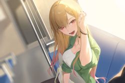 Rule 34 | 1girl, bag, bead bracelet, beads, black choker, black nails, blonde hair, blurry, blurry background, blush, bracelet, breasts, choker, cleavage, commentary, ear piercing, earrings, green jacket, hair between eyes, hand in own hair, highres, holding, holding bag, jacket, jewelry, kitagawa marin, long hair, looking at viewer, medium breasts, nail polish, open mouth, parted bangs, piercing, pink hair, pov, red eyes, sb lama, shirt, sitting, smile, solo, sono bisque doll wa koi wo suru, sunlight, train interior, upper body, white shirt, window