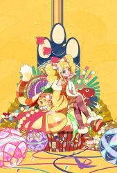 Rule 34 | 1girl, 2022, adapted costume, animal ears, ball, bird, blonde hair, brown thighhighs, card, chinese zodiac, choker, cone hair bun, cure sparkle, cure sparkle (partner form), dated, earrings, fish, floral print, folding fan, full body, geta, green eyes, hair bun, hair ornament, hanafuda, hand fan, happy new year, healin&#039; good precure, healing animal, heart, heart hair ornament, highres, hiramitsu hinata, japanese clothes, jewelry, kimono, long hair, looking at viewer, magical girl, nengajou, new year, nyatoran (precure), obi, pantyhose, petals, pom pom (clothes), pom pom earrings, precure, sash, short kimono, sitting, strawberrylove2525, string, striped clothes, striped pantyhose, striped thighhighs, tail, thighhighs, tiger ears, tiger tail, twintails, vest, wide sleeves, year of the tiger, yellow choker, yellow theme, yellow vest