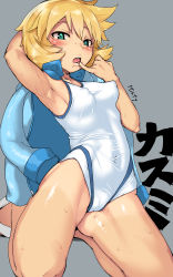 Rule 34 | 1girl, absurdres, arm behind head, armpits, blue eyes, blush, breasts, cameltoe, cleft of venus, covered erect nipples, covered navel, creatures (company), dated, game freak, grey background, gym leader, highres, imazon, jacket, kneeling, looking at viewer, misty (pokemon), nintendo, one-piece swimsuit, orange hair, parted lips, perky breasts, pokemon, pokemon hgss, small breasts, solo, swimsuit, tongue, tongue out, unworn jacket, wet