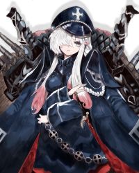 Rule 34 | 1girl, absurdres, armor, arms under breasts, azur lane, blue eyes, braid, breastplate, cross, crossed arms, hair over one eye, hat, highres, iron cross, jacket, jacket on shoulders, kesseil, long bangs, looking at viewer, military, military hat, military uniform, multicolored hair, odin (azur lane), parted lips, peaked cap, sheath, sheathed, simple background, solo, streaked hair, sword, uniform, weapon, white background, white hair