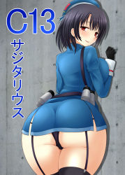 Rule 34 | 10s, 1girl, against wall, ass, beret, black gloves, black hair, black panties, blush, breasts, from behind, garter straps, gloves, hat, highres, kantai collection, large breasts, looking back, military, military uniform, panties, personification, red eyes, shadow, short hair, shown, solo, takao (kancolle), thighhighs, thong, underwear, uniform