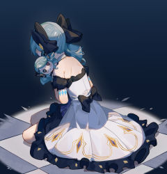 Rule 34 | 1girl, absurdres, black bow, black sleeves, blue background, blue hair, bow, detached sleeves, doll, dress, drill hair, frilled dress, frills, from behind, gradient background, grey choker, grey dress, gwen (league of legends), hair bow, highres, holding, holding doll, league of legends, long hair, on ground, puffy short sleeves, puffy sleeves, short sleeves, sitting, solo, strapless, strapless dress, tile floor, tiles, twin drills, yuk233