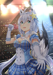Rule 34 | 1girl, :d, ahoge, animal ear fluff, animal ears, aqua eyes, ascot, back bow, blue dress, blue skirt, bow, braid, breasts, brooch, chahei, cleavage, commentary request, cowboy shot, crossed bangs, detached collar, detached sleeves, dress, elbow gloves, fox ears, fox girl, fox tail, gloves, glowstick, hair ornament, hair ribbon, highres, holding, holding microphone, hololive, idol, idol clothes, jewelry, long hair, medium breasts, microphone, open mouth, plaid, plaid skirt, puffy detached sleeves, puffy sleeves, reaching, reaching towards viewer, ribbon, shirakami fubuki, side braid, skirt, smile, solo, spotlight, stage, stage lights, star (symbol), star hair ornament, tail, virtual youtuber, white gloves, white hair