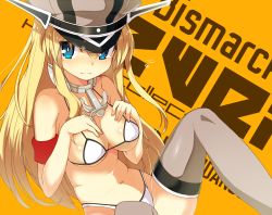 Rule 34 | 10s, 1girl, anchor, bikini, bismarck (kancolle), blonde hair, blue eyes, blush, breasts, character name, choker, copyright name, grey thighhighs, hands on own chest, hat, kantai collection, katsudansou, large breasts, long hair, military hat, orange background, personification, solo, swimsuit, thighhighs, white bikini