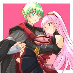 Rule 34 | 1boy, 1girl, armor, bare shoulders, black armor, black gloves, breasts, byleth (fire emblem), byleth (male) (fire emblem), carrying, cleavage cutout, closed mouth, clothing cutout, dress, earrings, fire emblem, fire emblem: three houses, gloves, green eyes, green hair, hilda valentine goneril, hoop earrings, jewelry, karingityou, long hair, matching hair/eyes, medium breasts, nintendo, pink background, pink eyes, pink hair, princess carry, puffy sleeves, red gloves, simple background