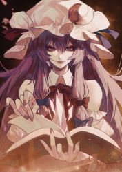 Rule 34 | 1girl, book, brown background, crescent, crescent hat ornament, hat, hat ornament, highres, joker (stjoker), lips, long hair, looking at viewer, mob cap, nail polish, open book, patchouli knowledge, purple eyes, purple hair, purple nails, simple background, solo, touhou, upper body, very long hair