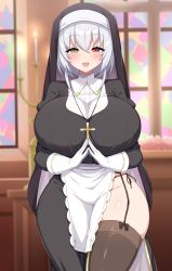 Rule 34 | 1girl, aikome (haikome), alicia renato (yashiro sousaku), black bow, black dress, black headwear, black thighhighs, blush, borrowed character, bow, bow legwear, breasts, candelabra, candlestand, church, cropped legs, cross, cross necklace, curvy, dress, garter straps, gloves, grey hair, habit, hair between eyes, heterochromia, highres, huge breasts, indoors, jewelry, long sleeves, necklace, nun, open mouth, original, plump, red eyes, short hair, side slit, smile, solo, stained glass, thick thighs, thighhighs, thighs, white gloves, yellow eyes