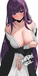 Rule 34 | 1girl, :t, absurdres, anger vein, arm under breasts, bare shoulders, black robe, blush, breasts, collarbone, commission, dress, edmun6969, fern (sousou no frieren), highres, large breasts, long hair, looking at viewer, off shoulder, pout, purple eyes, purple hair, robe, simple background, solo, sousou no frieren, very long hair, white background, white dress