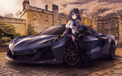 Rule 34 | absurdres, black pantyhose, black skirt, black thighhighs, blue eyes, blue footwear, blue hair, blush, boots, breasts, car, chevrolet, chevrolet corvette, chevrolet corvette c8, clothing cutout, detached sleeves, flag, head tilt, highres, hololive, hololive english, looking at viewer, medium breasts, motor vehicle, nougat (73r1r1), ouro kronii, ouro kronii (1st costume), pantyhose, pinstripe pattern, pinstripe skirt, shadow, shirt, short hair, single leg pantyhose, single thighhigh, skirt, sleeveless, sleeveless shirt, smile, sports car, striped, thighhighs, underboob, underboob cutout, vehicle focus, virtual youtuber, white shirt