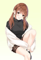 Rule 34 | 1girl, :d, black footwear, black sweater, blush, breasts, brown eyes, brown hair, brown shorts, commentary, english commentary, fur jacket, gradient background, grin, hands on own feet, head tilt, highres, invisible chair, jacket, knee up, long hair, long sleeves, looking at viewer, medium breasts, nayuta69, off shoulder, open clothes, open jacket, open mouth, original, plaid, plaid shorts, shoes, shorts, sitting, sleeves past wrists, smile, solo, sweater, teeth, twintails, white jacket, yellow background
