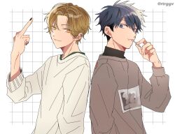 Rule 34 | 2boys, bishounen, black nails, blonde hair, blue eyes, brown sweater, closed mouth, food, food in mouth, given, hair between eyes, kashima hiiragi (given), light smile, long sleeves, looking at viewer, middle finger, multiple boys, nail polish, popsicle, popsicle in mouth, rtrggv, short hair, sweater, twitter username, uenoyama ritsuka, white background, yellow eyes