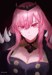 Rule 34 | 1girl, black cape, black dress, black tiara, breasts, cape, cleavage, dress, hair between eyes, highres, hololive, hololive english, holomyth, kankunart, large breasts, long hair, looking at viewer, mori calliope, mori calliope (1st costume), pink hair, red eyes, see-through veil, solo, spiked cape, spikes, tiara, twitter username, veil, virtual youtuber