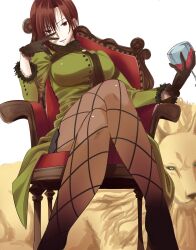Rule 34 | 1girl, 1other, alcohol, aozaki touko, bad id, bad twitter id, black gloves, breasts, chair, coat, crossed legs, cup, drinking glass, fur-trimmed coat, fur trim, gloves, green coat, highres, holding, holding cup, large breasts, looking at viewer, lugh beowulf, mahou tsukai no yoru, pantyhose, red eyes, red hair, red wine, rlimu oneode, simple background, sitting, type-moon, white background, wine glass