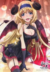 Rule 34 | 1girl, absurdres, artist request, bare shoulders, black dress, blonde hair, blue eyes, blue hairband, blush, bow, breasts, cecilia alcott, cleavage, collar, collarbone, dress, elbow gloves, eyebrows, garter straps, gloves, hair bow, hairband, happy, heart, highres, horns, huge filesize, infinite stratos, long hair, looking at viewer, official art, open mouth, outdoors, sky, smile, solo, swimsuit, tail, thighhighs, water, wings