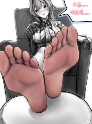 Rule 34 | 1girl, absurdres, armchair, barefoot, blush, chair, crossed legs, eula (genshin impact), feet, female focus, foot focus, footer@unyaaan, genshin impact, highres, long hair, looking at viewer, parted lips, pointing, pov, sitting, soles, solo, toes, translated