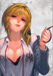 Rule 34 | 10s, 1girl, :q, blonde hair, bra, breasts, cleavage, gamerag, gekkan shoujo nozaki-kun, highres, large breasts, leash, naughty face, off shoulder, open clothes, open shirt, red eyes, school uniform, seo yuzuki, shirt, solo, tongue, tongue out, underwear, wet, wet clothes, wet shirt