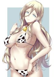Rule 34 | 1girl, animal print, aqua eyes, bell, neck bell, bikini, blonde hair, breasts, cameltoe, collar, cow print, cowbell, covered erect nipples, hair between eyes, highres, kantai collection, kuurunaitsu, large breasts, long hair, looking at viewer, mole, mole under eye, mole under mouth, red collar, richelieu (kancolle), side-tie bikini bottom, simple background, smile, solo, swimsuit, two-tone background