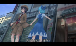 Rule 34 | 2girls, ;o, alternate costume, belt, black belt, black hair, blouse, blue bow, blue dress, blue hair, blue sky, book, bow, breasts, brown coat, brown hat, brown shorts, building, cabbie hat, chair, cirno, coat, commentary request, dress, dutch angle, feet out of frame, forbidden scrollery, from below, hair between eyes, hair bow, hat, highres, holding, holding book, holding pen, ice, ice wings, kijin seija, letterboxed, long sleeves, looking at another, medium breasts, multiple girls, necktie, one eye closed, open clothes, open coat, open mouth, outdoors, pen, pinafore dress, pointing, poster (object), red eyes, red neckwear, roke (taikodon), shameimaru aya, shameimaru aya (newsboy), shirt, short hair, shorts, sky, sleeveless, sleeveless dress, sliding doors, standing, touhou, translation request, white shirt, wings