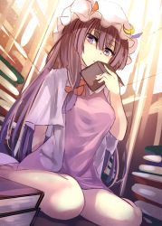 Rule 34 | 1girl, book stack, bow, crescent, crescent pin, dress, hair bow, hat, hat ornament, janne cherry, long hair, looking at viewer, mob cap, patchouli knowledge, purple dress, purple eyes, purple hair, red bow, sidelocks, sitting, solo, touhou, very long hair, wariza
